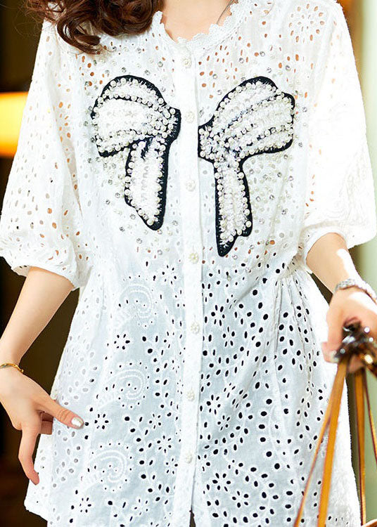 White Lace Nail Bead Patchwork Cotton Shirt Tops Hollow Out Summer