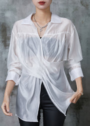 White Linen Shirt Tops Asymmetrical Side Open Summer