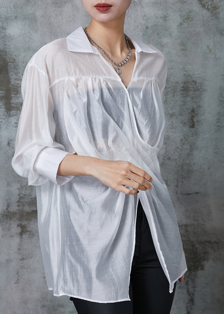 White Linen Shirt Tops Asymmetrical Side Open Summer