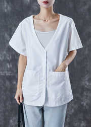 White Loose Cotton Blouses V Neck Pockets Summer