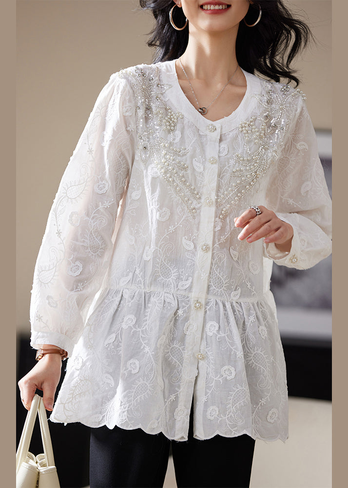 White Nail Bead Button Blouses Embroidered Long Sleeve