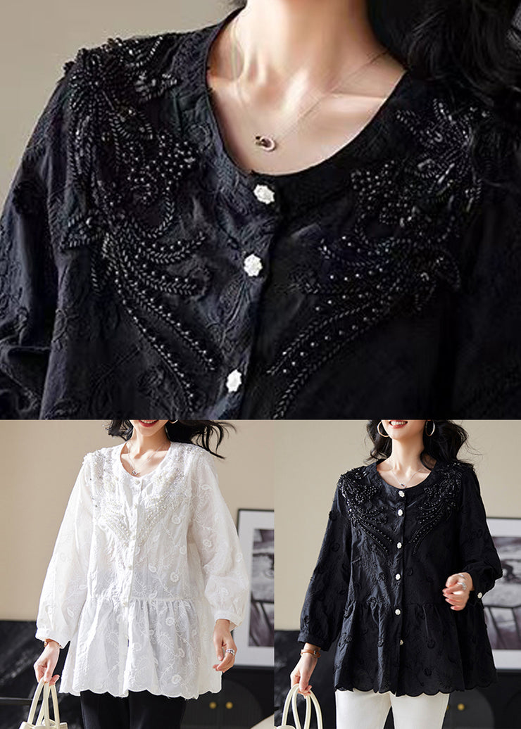 White Nail Bead Button Blouses Embroidered Long Sleeve