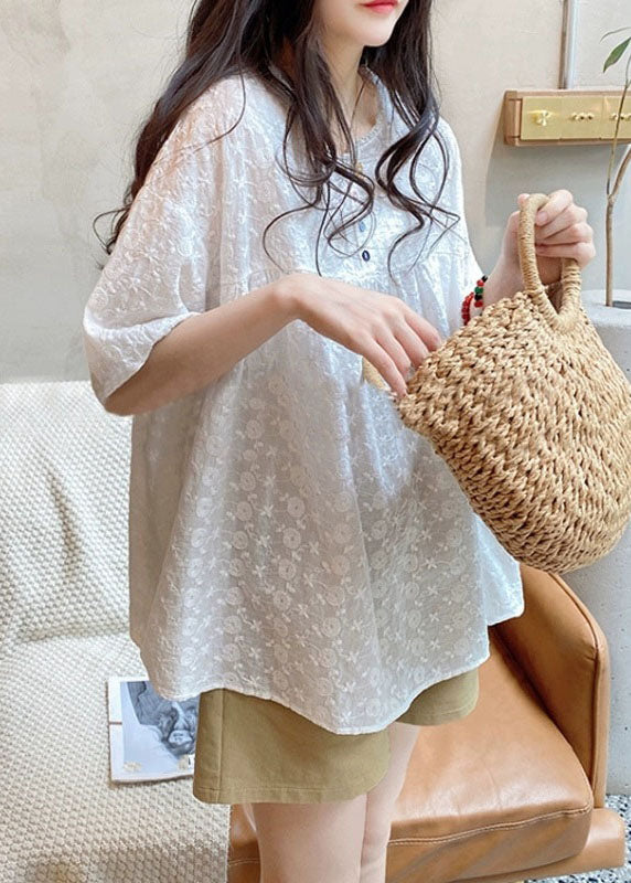 White O-Neck Lace Patchwork Shirts Summer