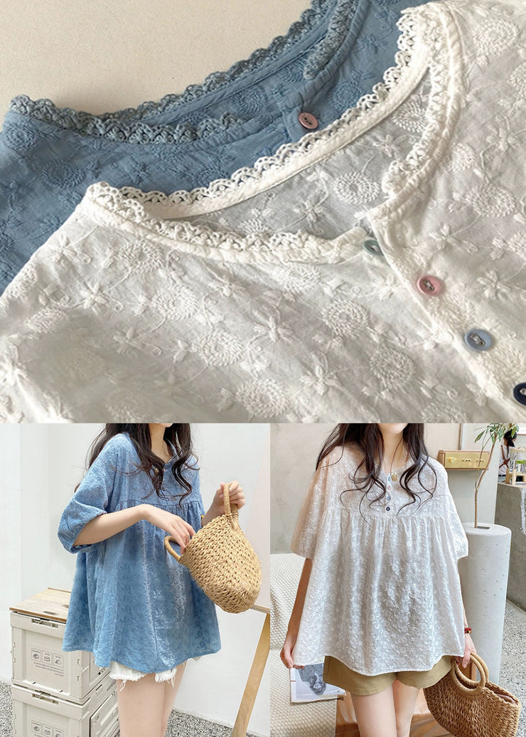 White O-Neck Lace Patchwork Shirts Summer