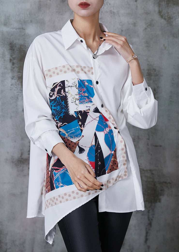 White Original Print Chiffon Shirts Asymmetrical Design Summer