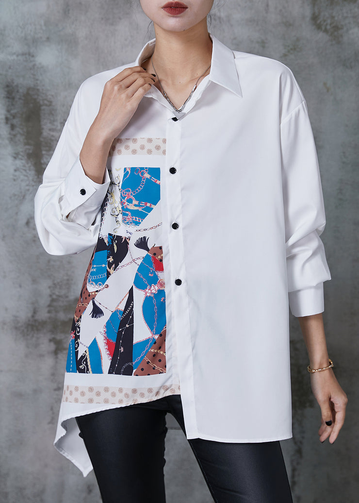 White Original Print Chiffon Shirts Asymmetrical Design Summer