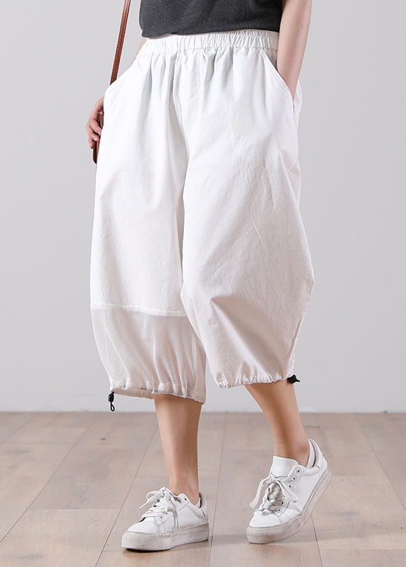 White Patchwork Cotton Crop Pants Hollow Out Drawstring Summer