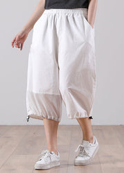 White Patchwork Cotton Crop Pants Hollow Out Drawstring Summer