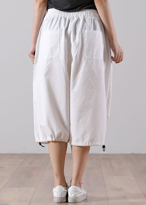 White Patchwork Cotton Crop Pants Hollow Out Drawstring Summer