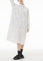 White Patchwork Cotton Shirt Dresses Asymmetrical Wrinkled Spring