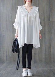 White Patchwork Cotton Shirt Top Loose Ruffled V Neck Summer