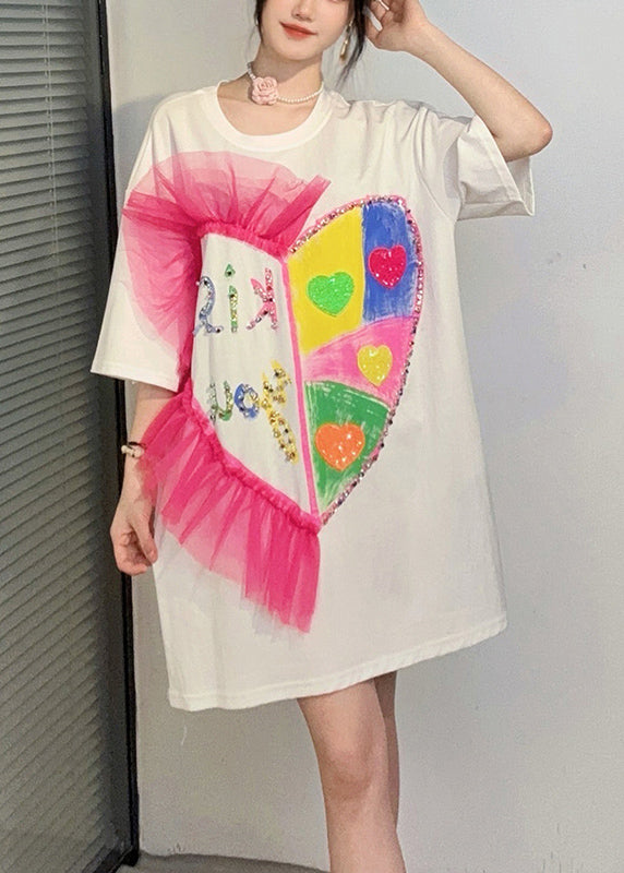 White Patchwork Cotton T Shirt Dress Ruffled Zircon Summer