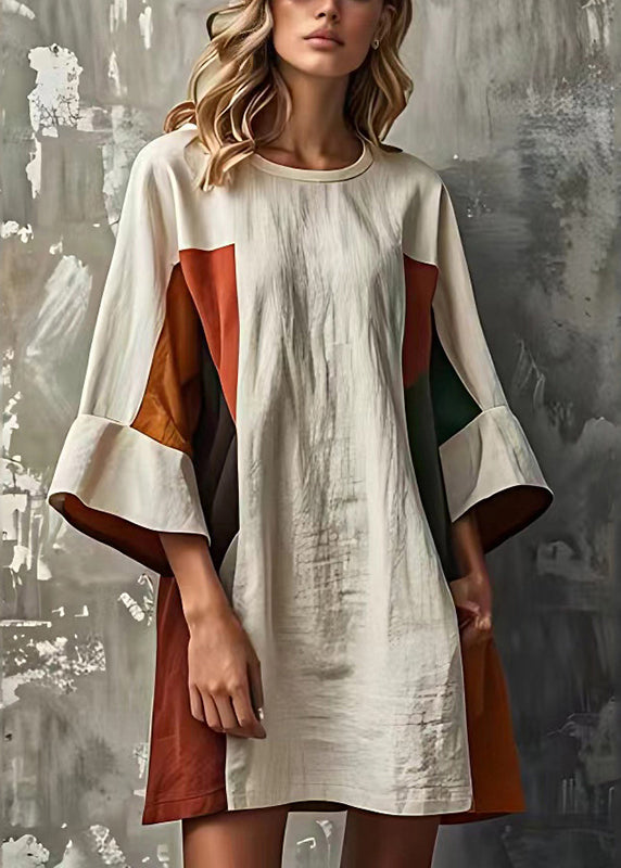 White Patchwork Cotton Vacation Dresses O-Neck Flare Sleeve