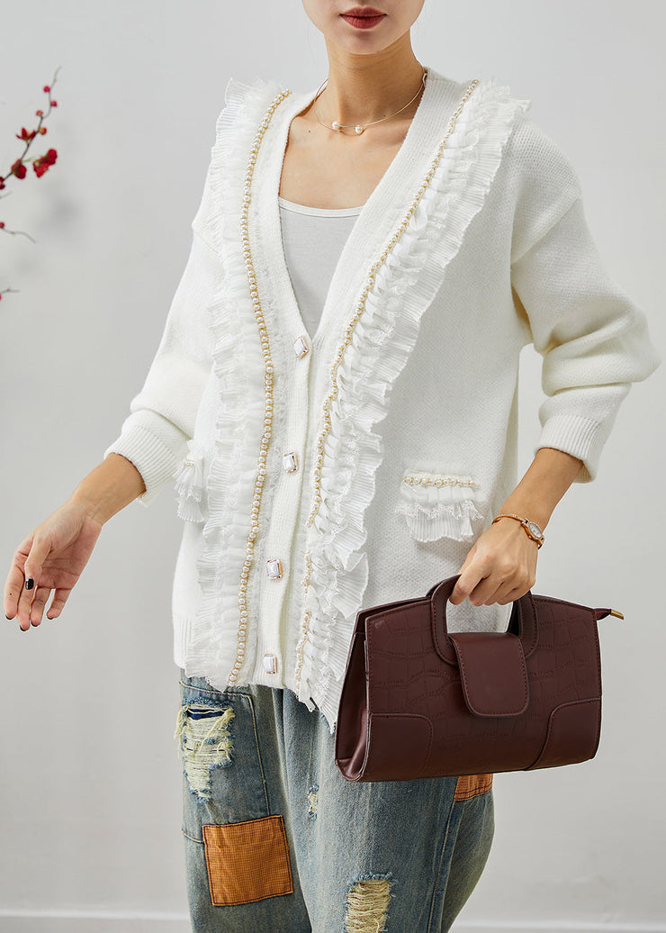 White Patchwork Knit Coats Ruffled V Neck Fall