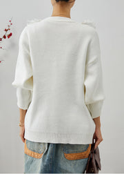 White Patchwork Knit Coats Ruffled V Neck Fall