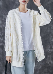 White Patchwork Lace Cardigan Oversized Nail Bead Spring