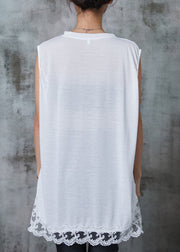 White Patchwork Lace Cotton Tank Tops Oversized Summer