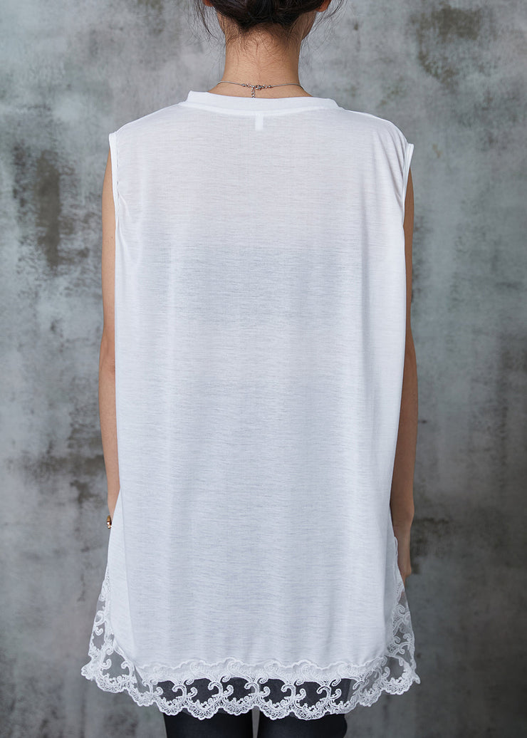 White Patchwork Lace Cotton Tank Tops Oversized Summer