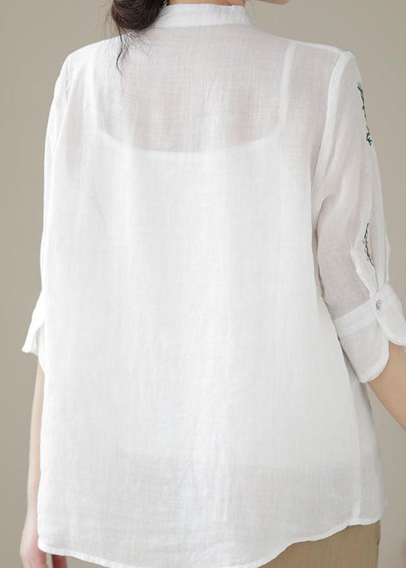 White Patchwork Linen Blouses Embroideried Stand Collar Summer