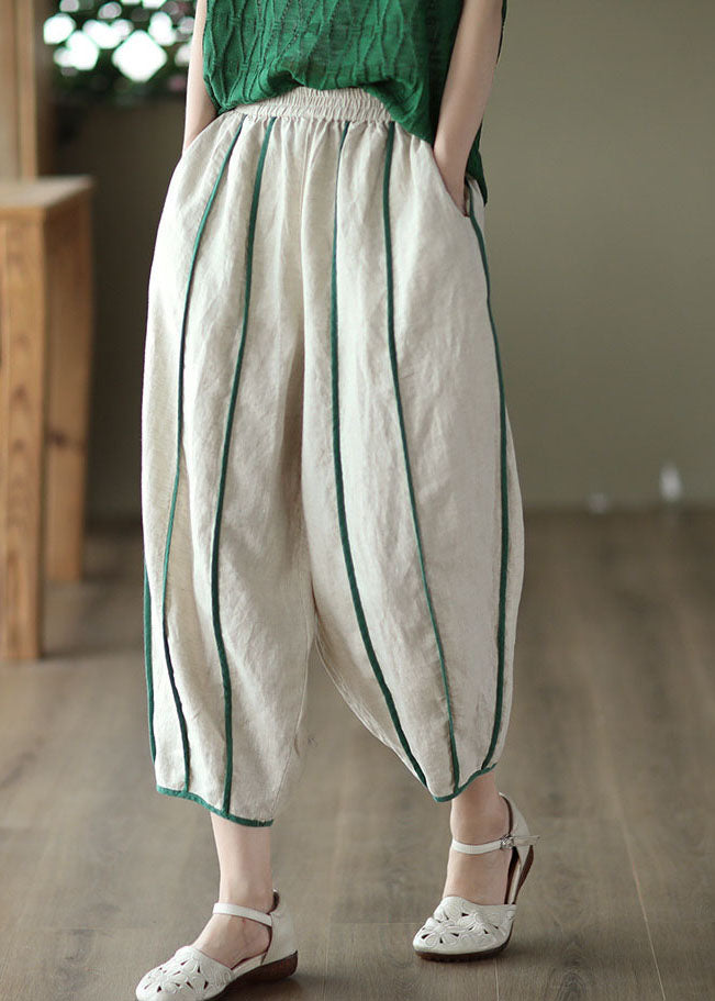 Print1 Patchwork Linen Harem Pants Pockets Striped Summer