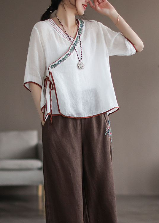 White Patchwork Linen Shirt Embroideried Lace Up Half Sleeve