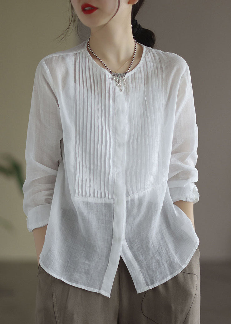 White Patchwork Linen Shirt Wrinkled Button Long Sleeve