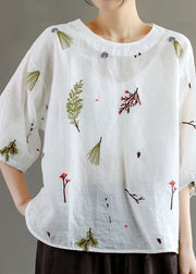 White Patchwork Linen T Shirt Tops Embroideried Lantern Sleeve