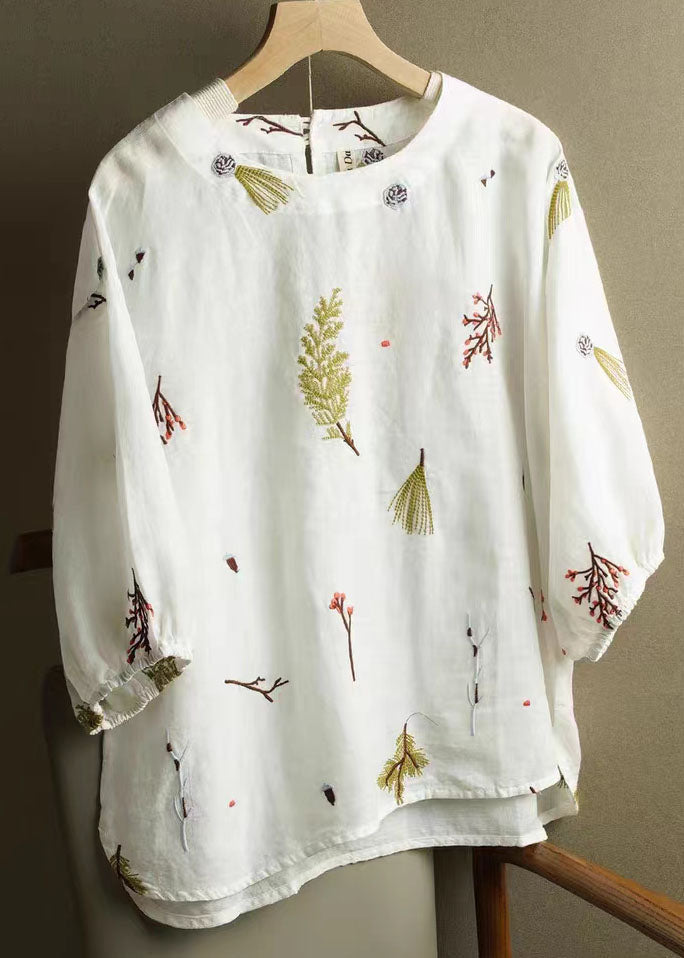 White Patchwork Linen T Shirt Tops Embroideried Lantern Sleeve