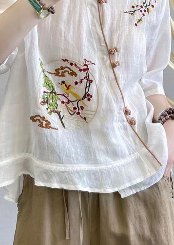 White Patchwork Linen Tops Embroideried Stand Collar Summer