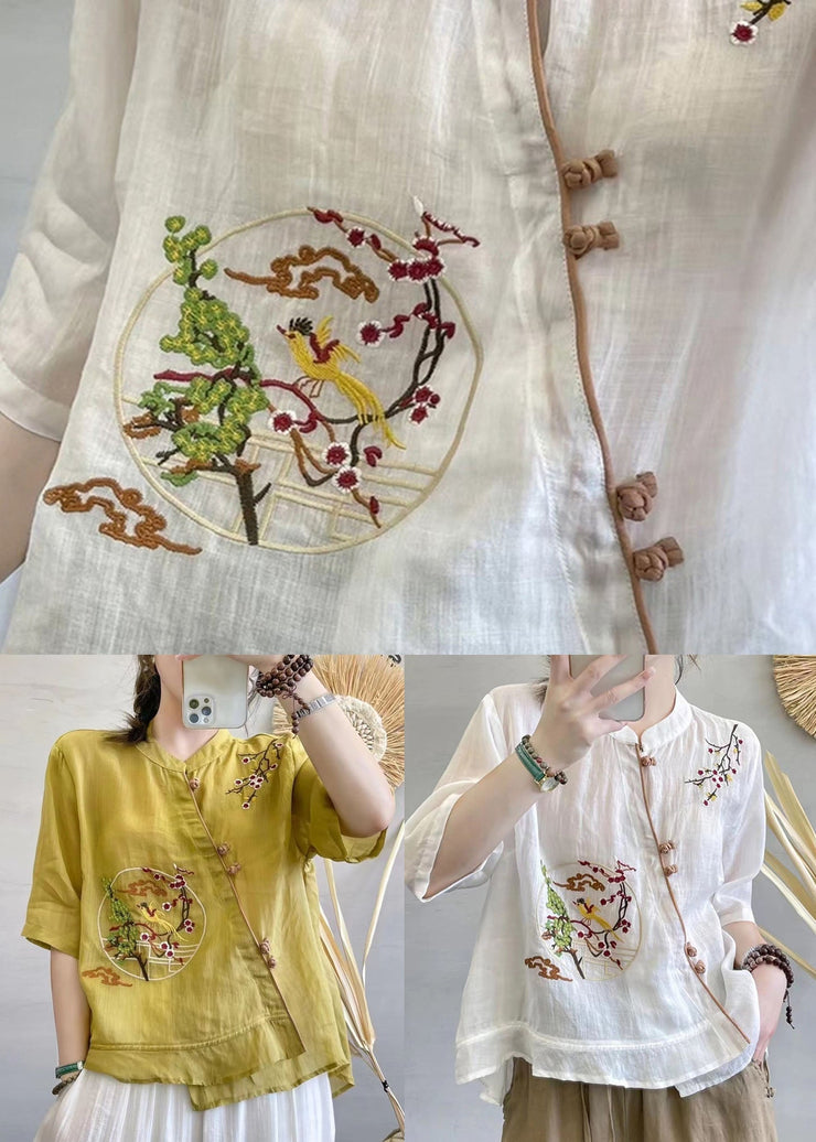 White Patchwork Linen Tops Embroideried Stand Collar Summer