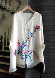 White Patchwork Silk Tops Embroideried Chinese Button Long Sleeve