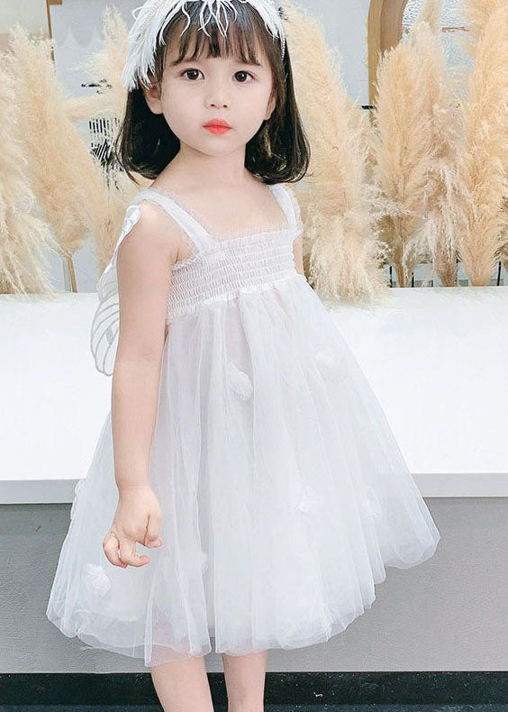 White Patchwork Tulle Baby Girls Dresses Ruffled Butterfly Summer