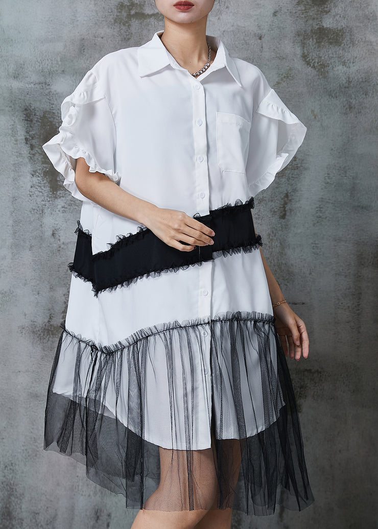 White Patchwork Tulle Cotton Shirt Dress Oversized Summer