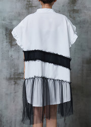 White Patchwork Tulle Cotton Shirt Dress Oversized Summer