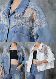 White Patchwork Tulle Denim Jacket Zircon Spring