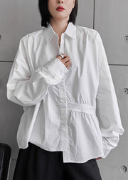 White Peter Pan Collar Low High Design Cotton Shirt Long Sleeve