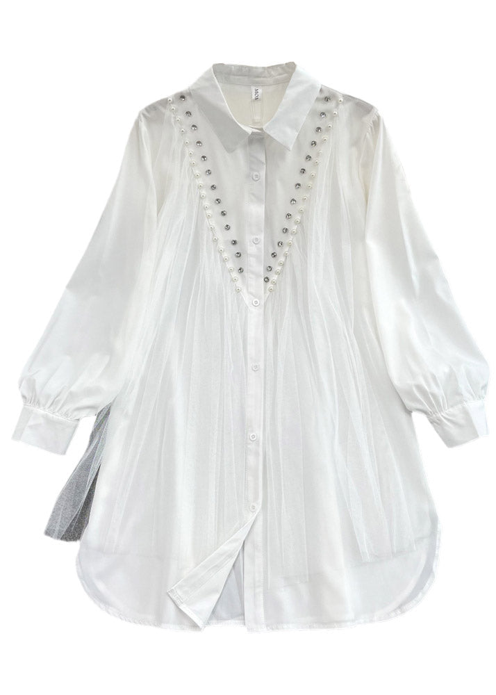 White Peter Pan Collar Nail Bead Tulle Shirts Long Sleeve