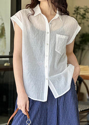 White Pockets Silk Cotton Blouses Peter Pan Collar Short Sleeve