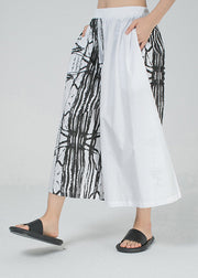 White Poor Handwriting Print Cotton Wide Leg Pants Elastic Waist Spring