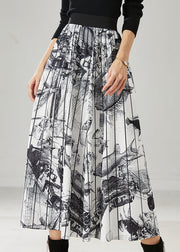 White Print Chiffon Pleated Skirts Elastic Waist Summer