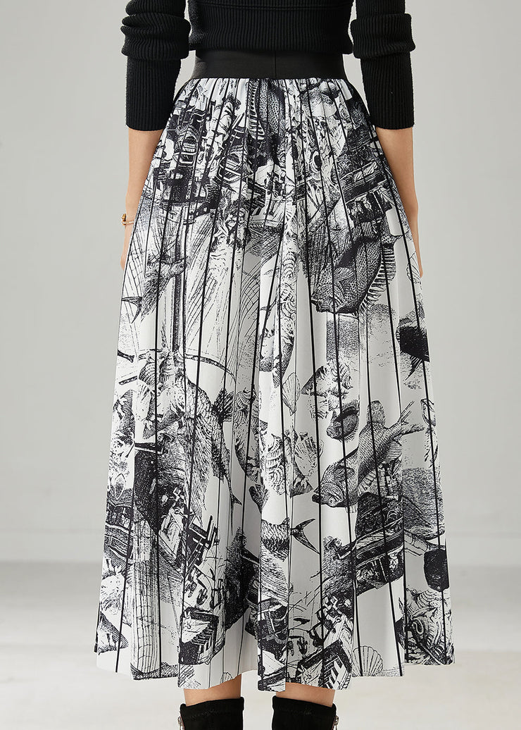 White Print Chiffon Pleated Skirts Elastic Waist Summer