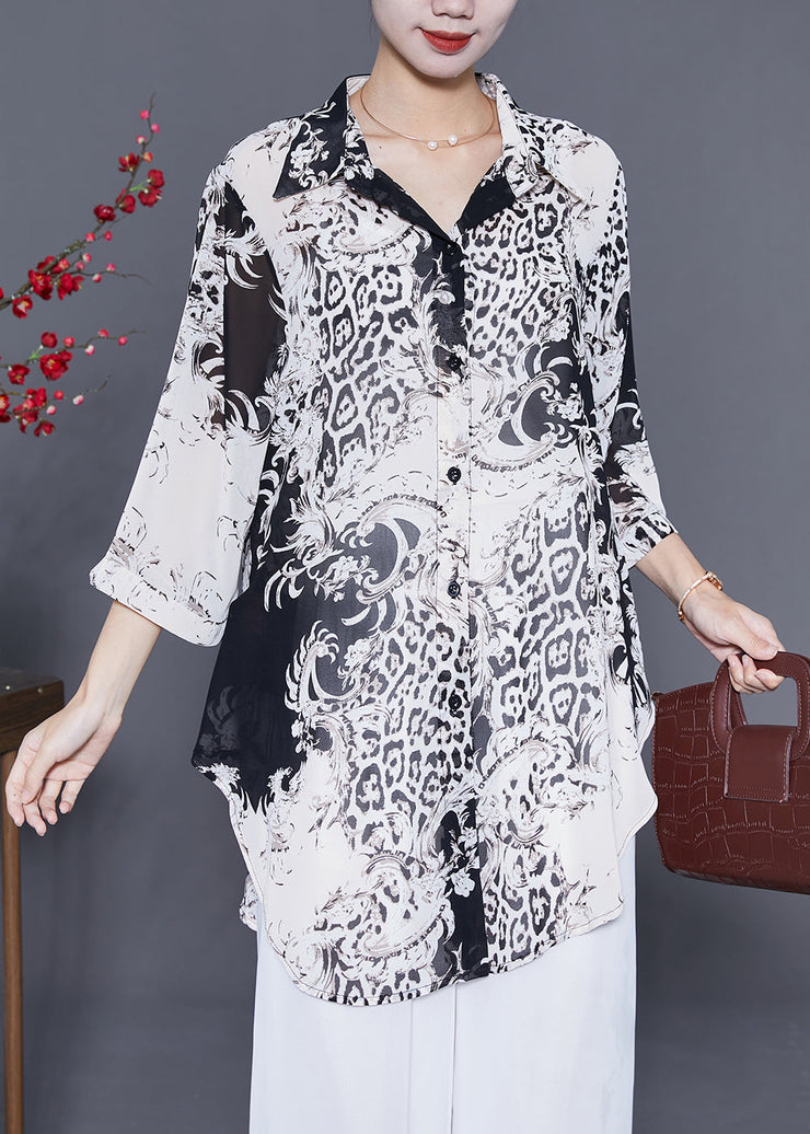 White Print Chiffon Shirt Top Oversized Bracelet Sleeve