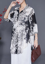 White Print Chiffon Shirt Top Oversized Bracelet Sleeve