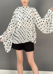 White Print Chiffon Shirts Lace Up Batwing Sleeve