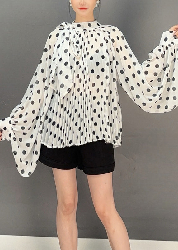 White Print Chiffon Shirts Lace Up Batwing Sleeve