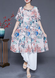 White Print Chiffon Vacation Dresses Ruffled Summer