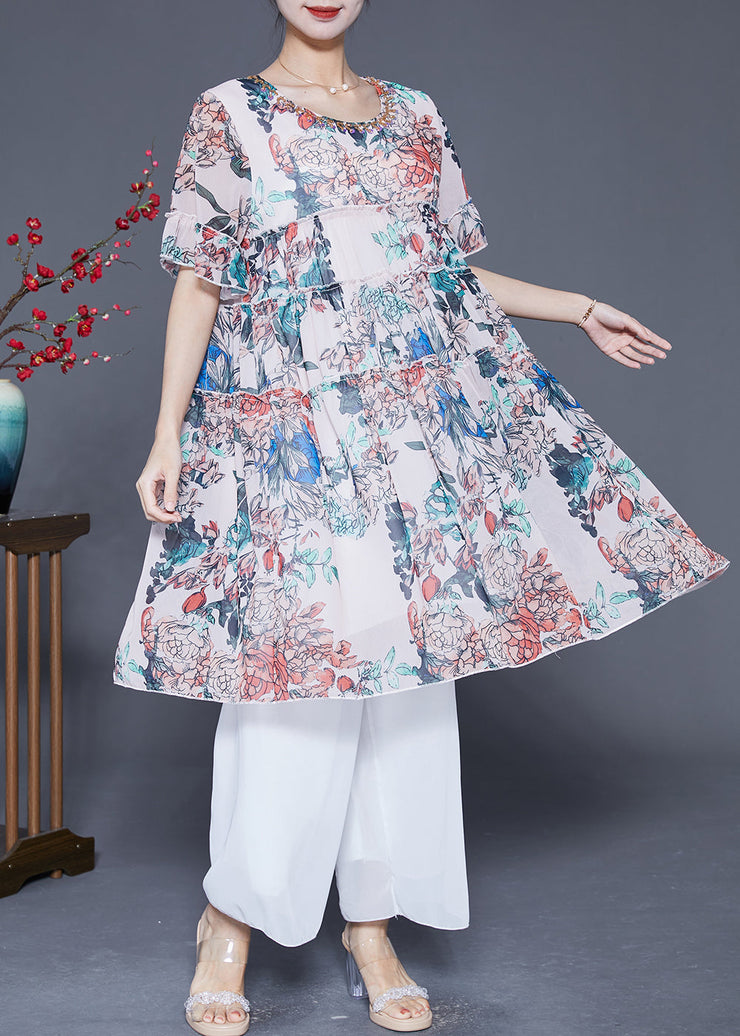 White Print Chiffon Vacation Dresses Ruffled Summer