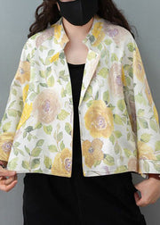 White Print Cotton Cardigan Stand Collar Long Sleeve