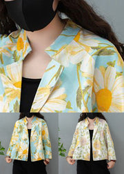 White Print Cotton Cardigan Stand Collar Long Sleeve