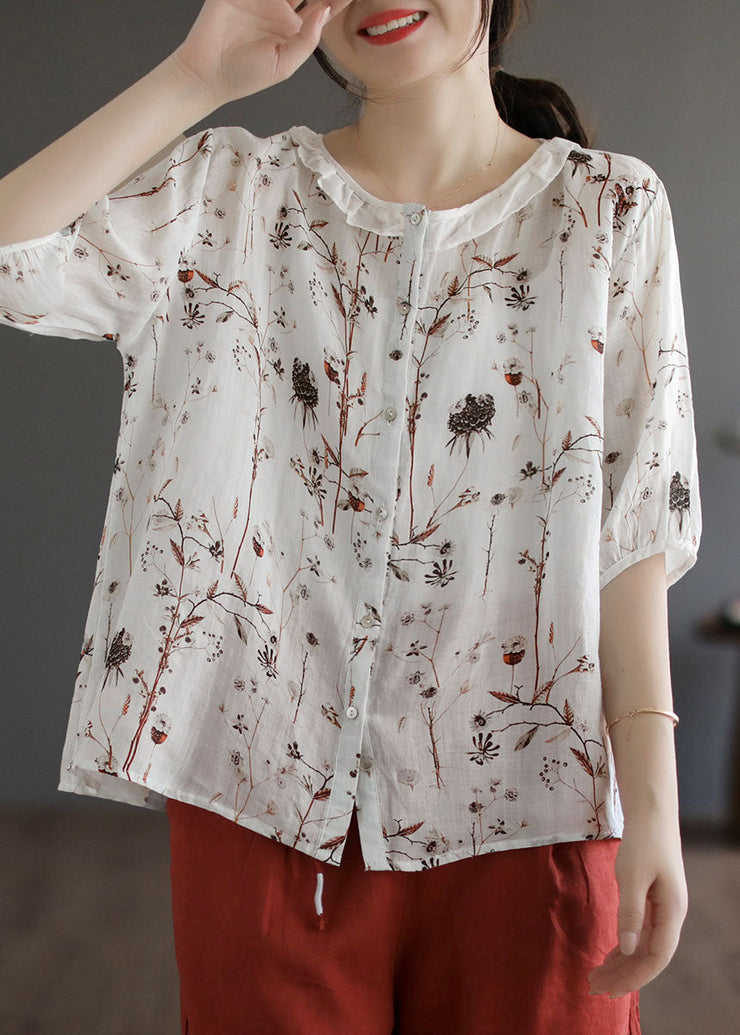 White Print Patchwork Linen Blouse Top Ruffled Half Sleeve